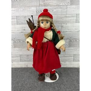 Vintage Porcelain WINTER SKIER GIRL Doll 15in Blonde Braids Outfit With Skis